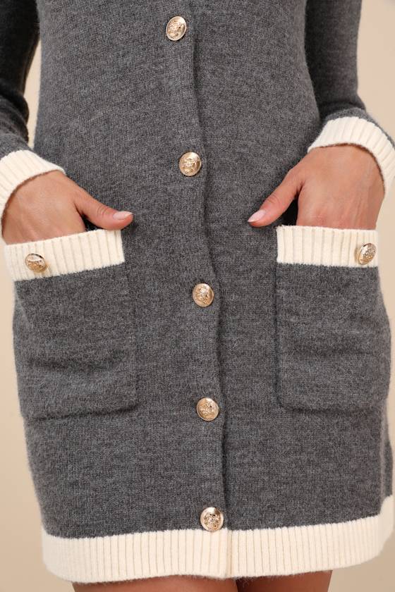 Lulus Sophisticatedly Cozy Grey And Ivory Button-up Sweater Mini Dress In Ivory