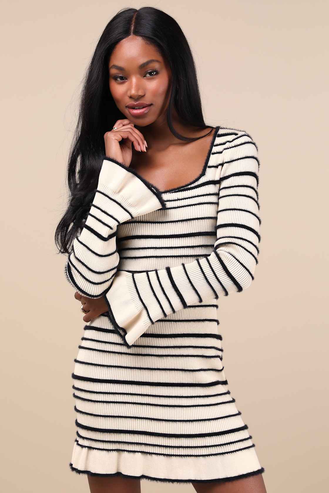 Cozy Outlook Ivory Fuzzy Striped Long Sleeve Sweater Mini Dress