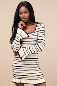 Cozy Outlook Ivory Fuzzy Striped Long Sleeve Sweater Mini Dress 1