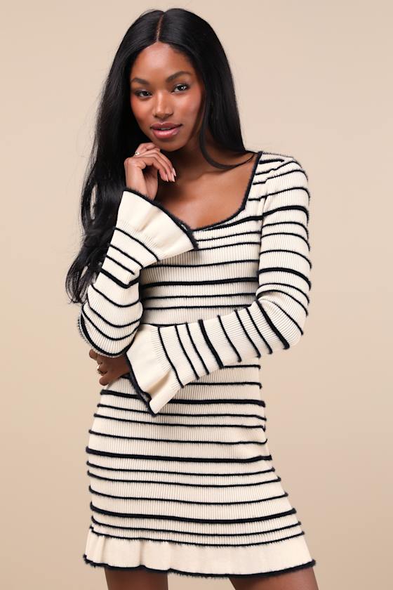 Cozy Outlook Ivory Fuzzy Striped Long Sleeve Sweater Mini Dress 1