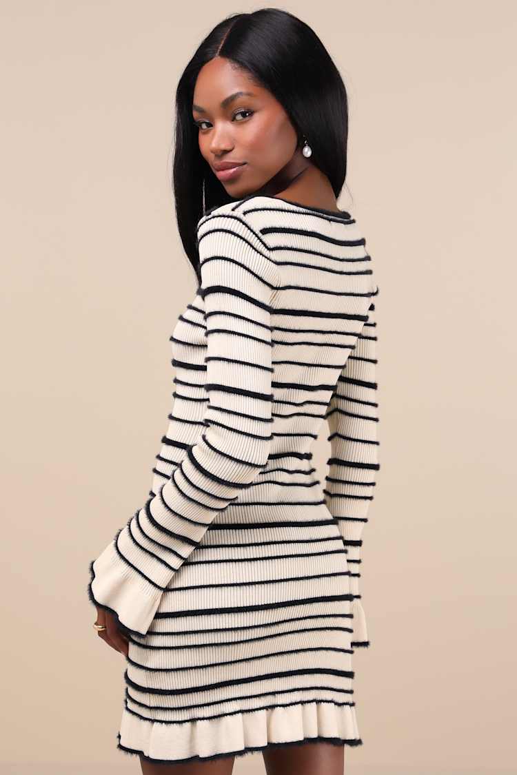 Ivory Striped Sweater Dress - Fuzzy Striped Dress - Sweater Dress - Lulus