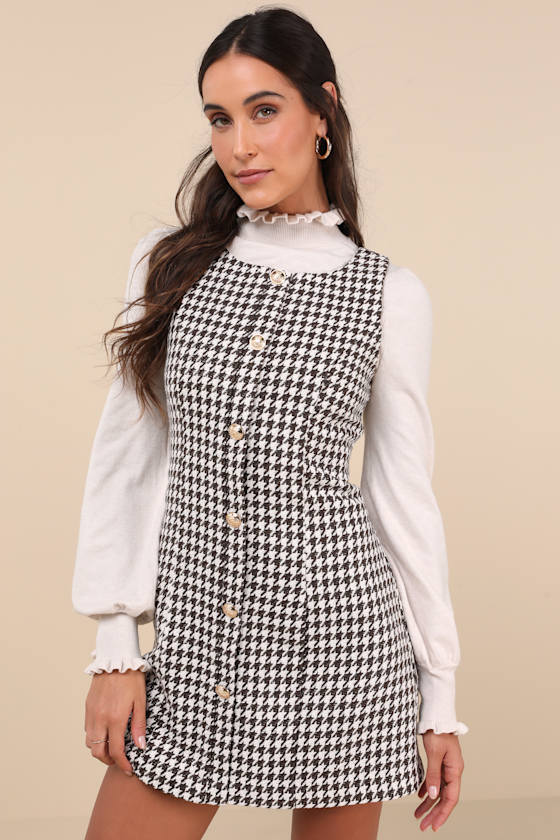 Coveted Poise Brown Houndstooth Button-Front Shift Mini Dress 1