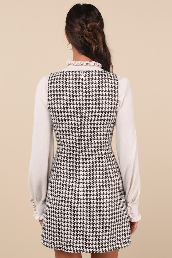 Lulus Coveted Poise Brown Houndstooth Button-front Shift Mini Dress In Brown