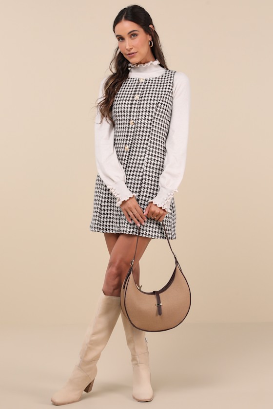 Lulus Coveted Poise Brown Houndstooth Button-front Shift Mini Dress In Brown