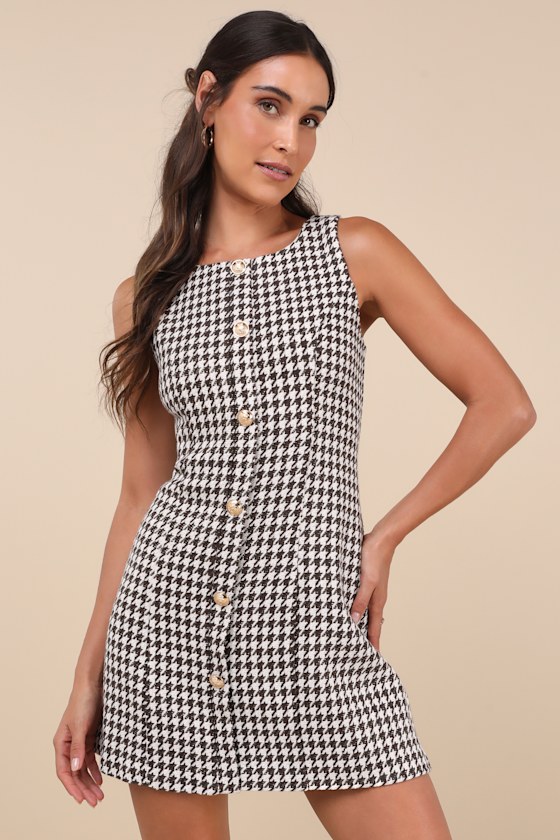 Lulus Coveted Poise Brown Houndstooth Button-front Shift Mini Dress In Brown