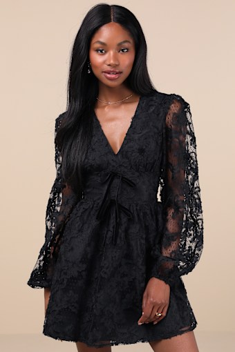 Gorgeous Outcome Black Mesh 3D Applique Long Sleeve Mini Dress 1
