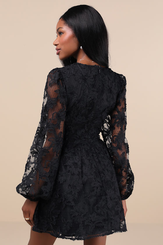 Lulus Gorgeous Outcome Black Mesh 3d Applique Long Sleeve Mini Dress In Black