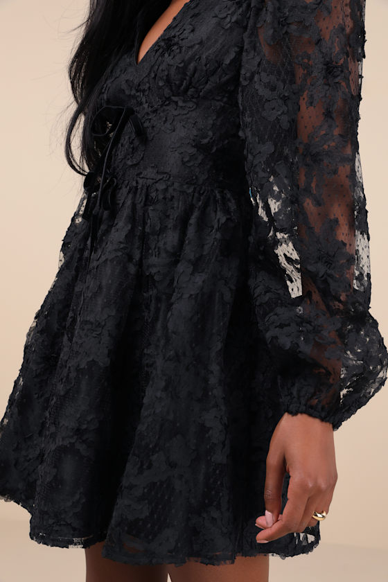 Lulus Gorgeous Outcome Black Mesh 3d Applique Long Sleeve Mini Dress In Black