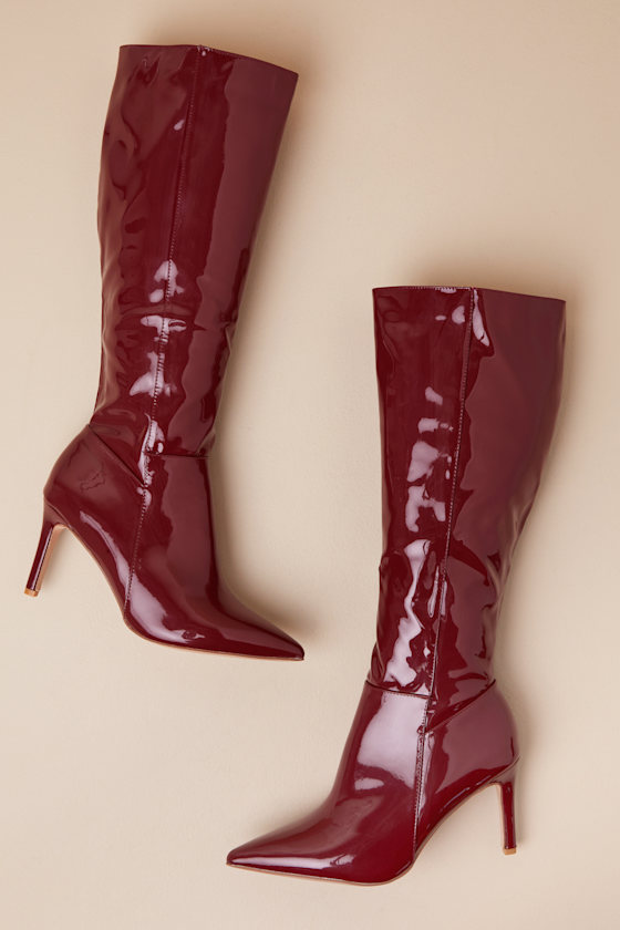 LULUS SILVA RED PATENT POINTED-TOE KNEE-HIGH BOOTS