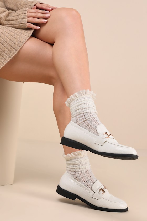 Cream Croc-Embossed Loafers - Horsebit Loafers - Loafer Flats - Lulus