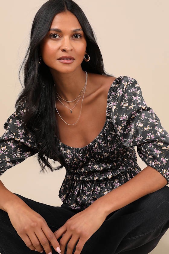 Lulus Notable Delight Charcoal Floral Balloon Sleeve Top In Black