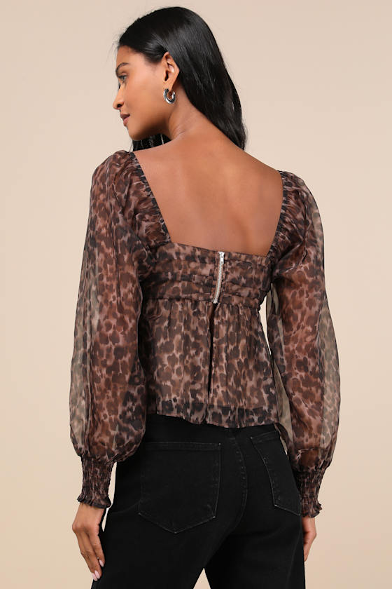 Lulus Chicly Fierce Brown Leopard Print Organza Cropped Top In Brown