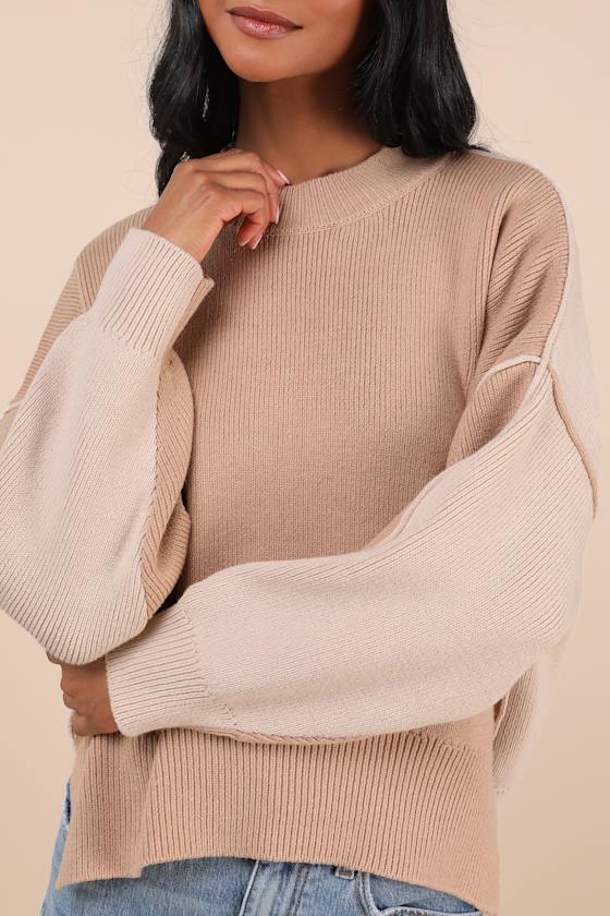 LULUS SEASONALLY STYLISH TAN AND BEIGE COLOR BLOCK PULLOVER SWEATER