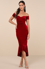 How Much I Care Wine Red Velvet Off-the-Shoulder Midi Dress 2