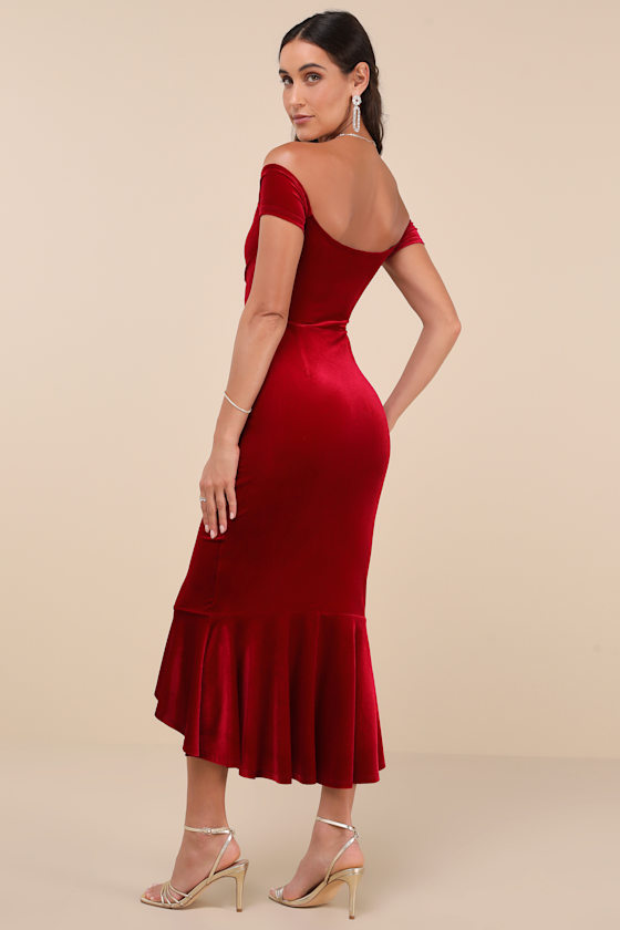 Lulus How Much I Care Wine Red Velvet Off-the-shoulder Midi Dress In Wine Red