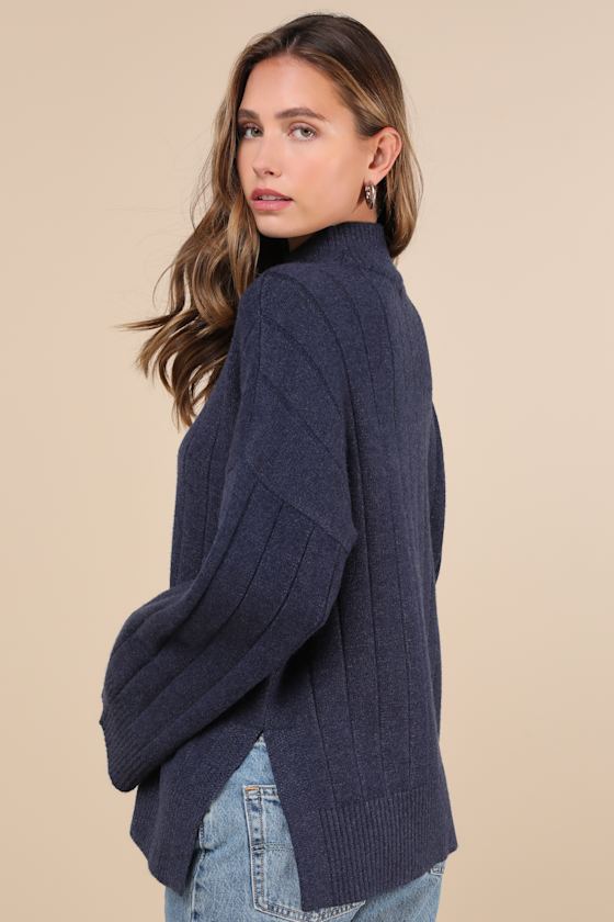 Lulus Seasonal Snuggles Navy Ribbed Mock Neck Pullover Sweater In Navy