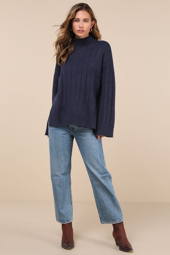 Lulus Seasonal Snuggles Navy Ribbed Mock Neck Pullover Sweater In Navy