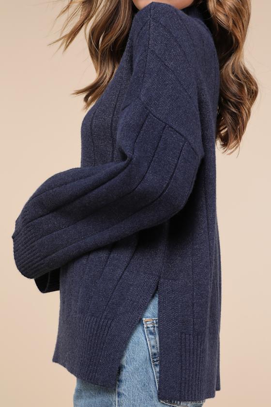 Lulus Seasonal Snuggles Navy Ribbed Mock Neck Pullover Sweater In Navy