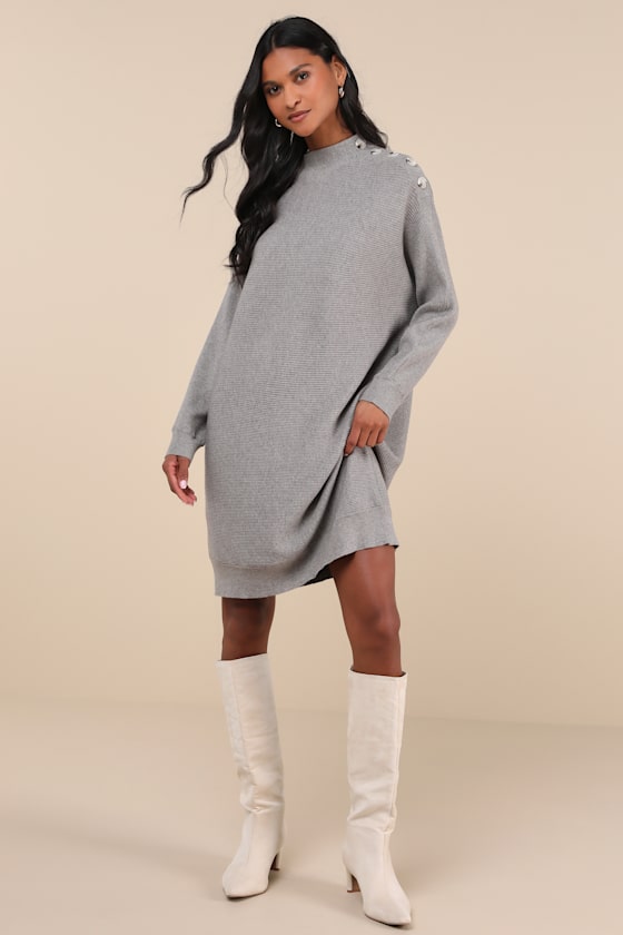 Lulus Cozy Stroll Grey Mock Neck Button Mini Sweater Dress In Grey