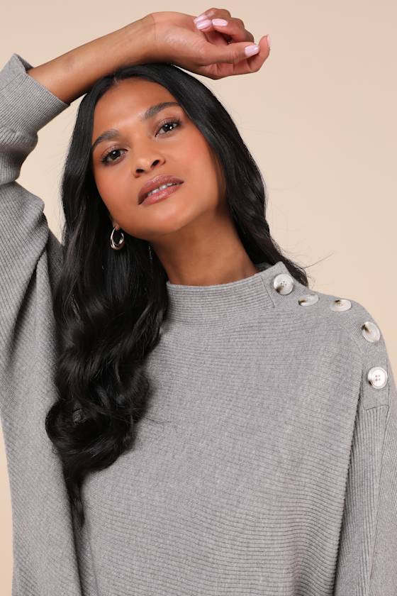 Lulus Cozy Stroll Grey Mock Neck Button Mini Sweater Dress In Grey