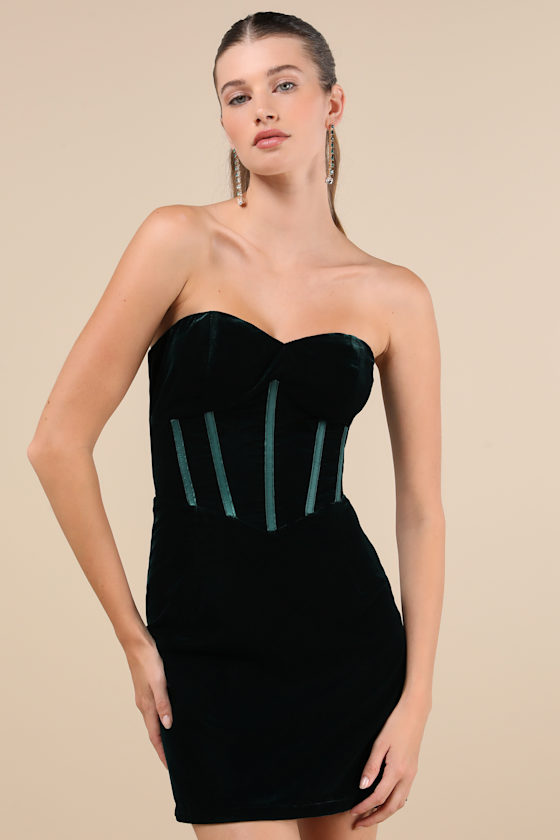 Lulus Poised Favorite Emerald Velvet Bustier Strapless Mini Dress In Green