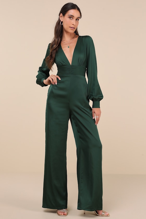 Lulus Unbelievable Chicness Green Satin Long Sleeve Wide-leg Jumpsuit In Green