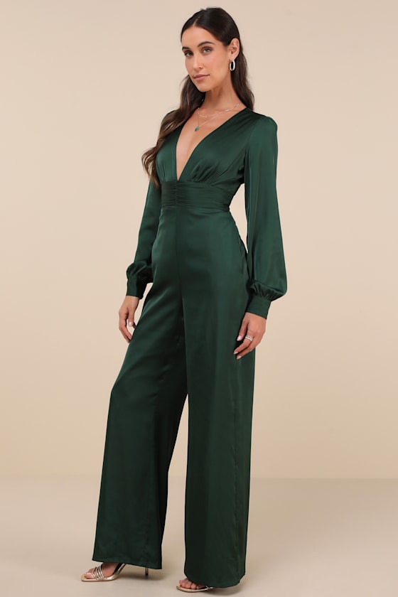 Lulus Unbelievable Chicness Green Satin Long Sleeve Wide-leg Jumpsuit In Green