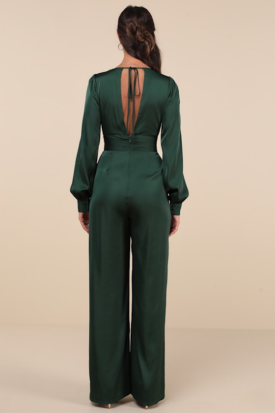 Lulus Unbelievable Chicness Green Satin Long Sleeve Wide-leg Jumpsuit In Green