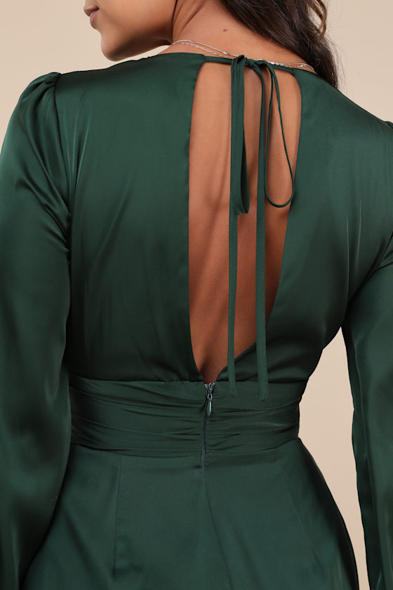 Lulus Unbelievable Chicness Green Satin Long Sleeve Wide-leg Jumpsuit In Green