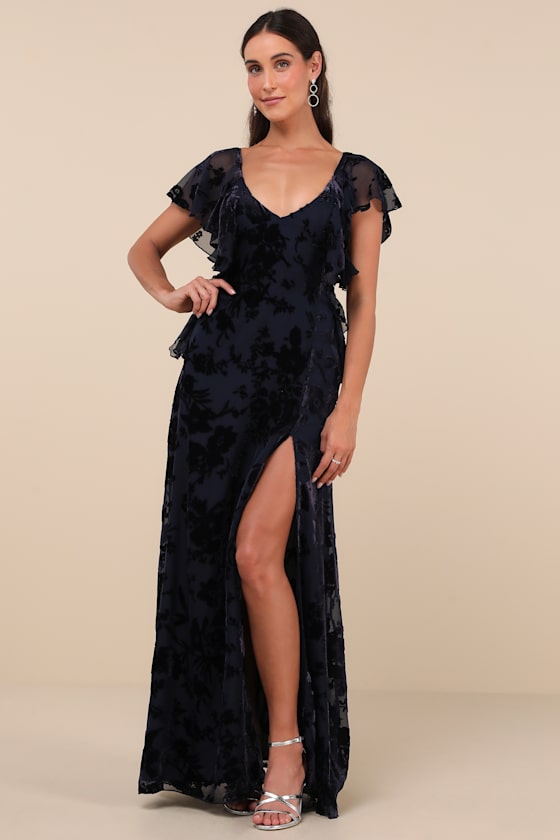 Romantic Wonder Navy Burnout Velvet Ruffled Tie-Back Maxi Dress 5