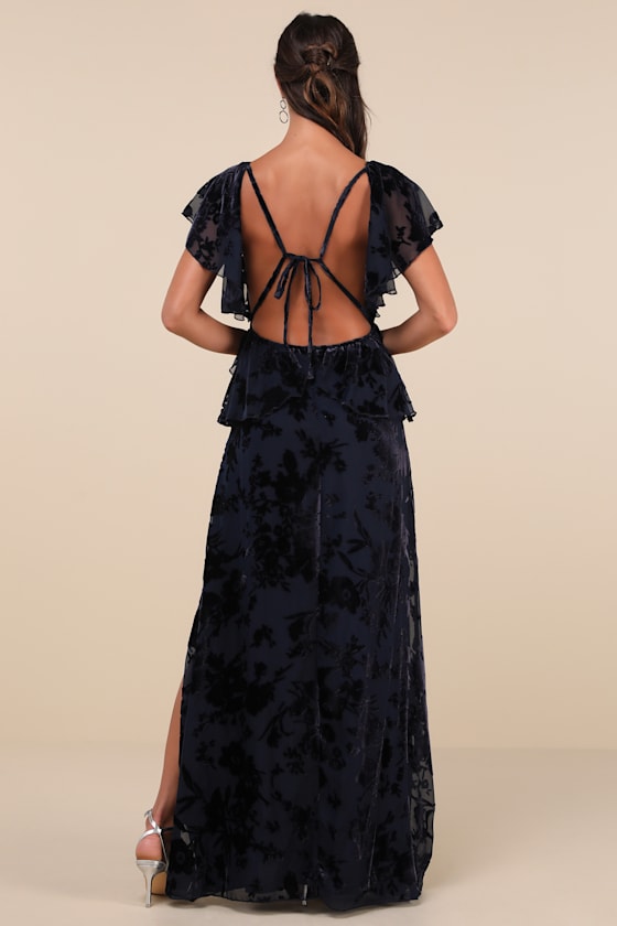 Lulus Romantic Wonder Navy Burnout Velvet Ruffled Tie-back Maxi Dress In Navy
