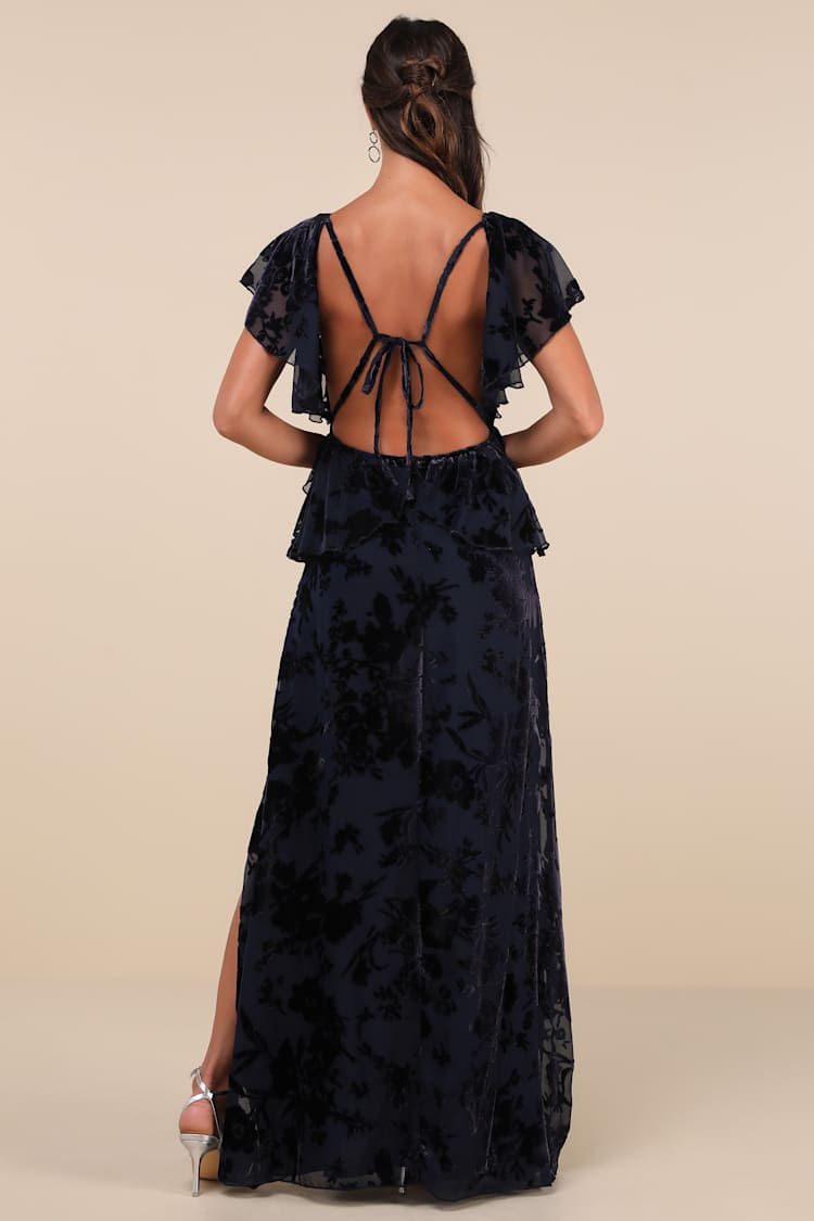 Romantic Wonder Navy Burnout Velvet Ruffled Tie-Back Maxi Dress