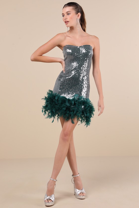Lulus Especially Fabulous Emerald Sequin Feather Strapless Mini Dress In Green