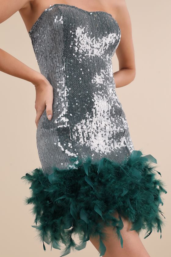 Lulus Especially Fabulous Emerald Sequin Feather Strapless Mini Dress In Green