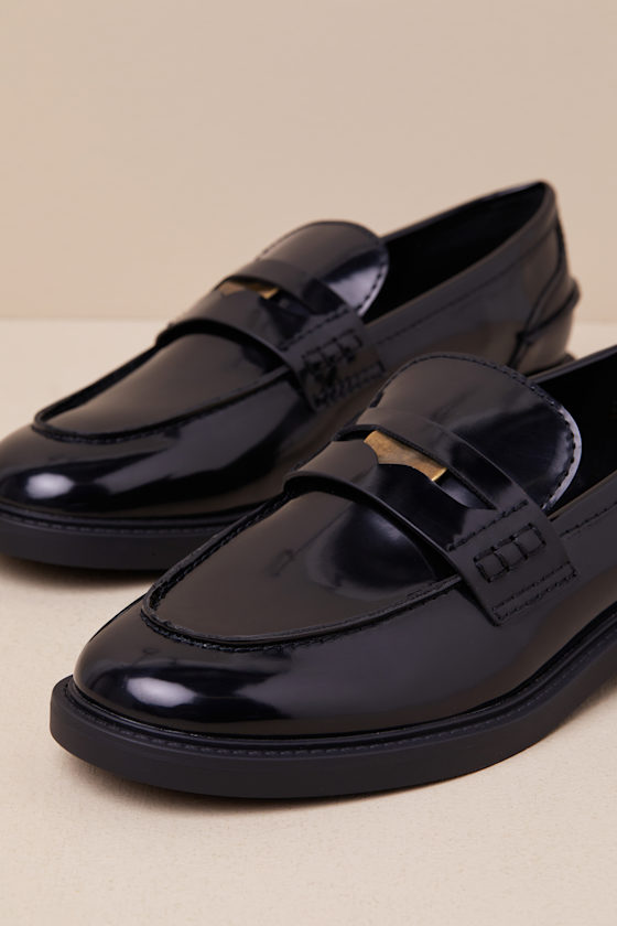 Lulus Halliday Black Patent Penny Loafers In Black