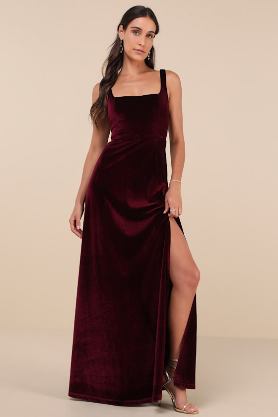 Graceful Invite Dark Plum Velvet Square Neck Lace-Up Maxi Dress 2