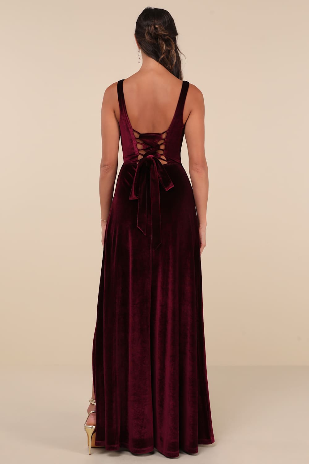 Graceful Invite Dark Plum Velvet Square Neck Lace-Up Maxi Dress