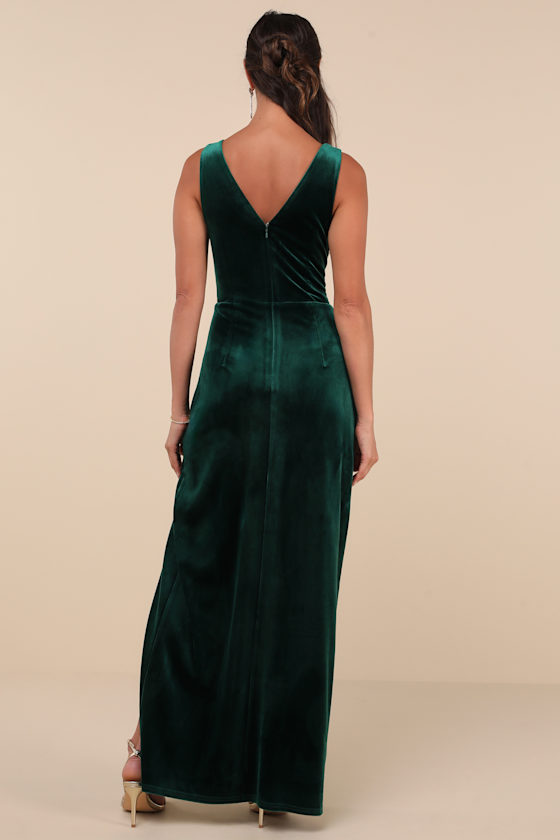 Lulus Beautiful Evenings Emerald Velvet Twist-front Maxi Dress In Green