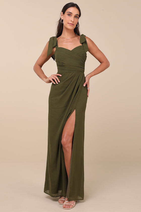 Lulus Gorgeous Whimsy Olive Pleated Off-the-shoulder Maxi Dress In Green