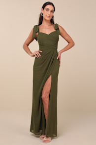 Gorgeous Whimsy Olive Pleated Off-the-Shoulder Maxi Dress 1