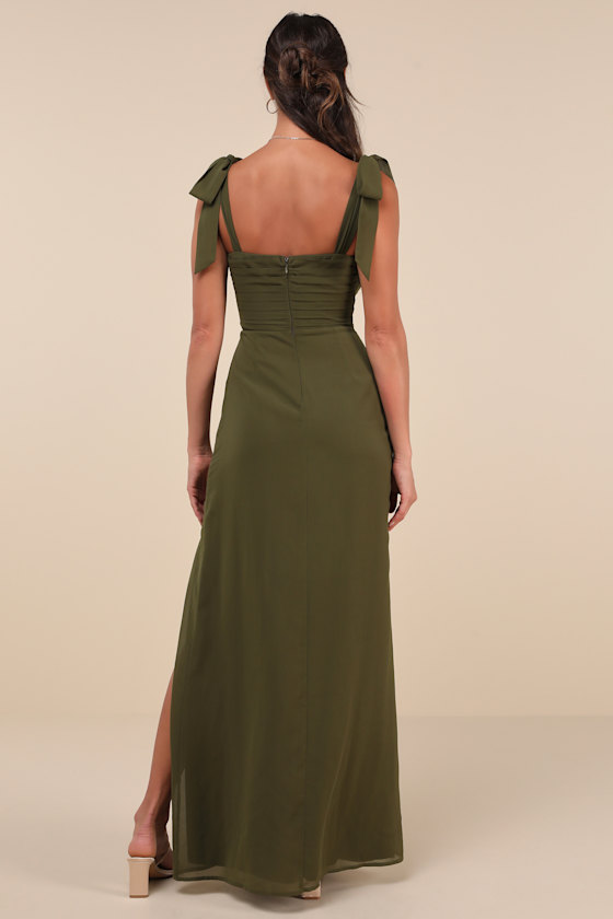 Lulus Gorgeous Whimsy Olive Pleated Off-the-shoulder Maxi Dress In Green