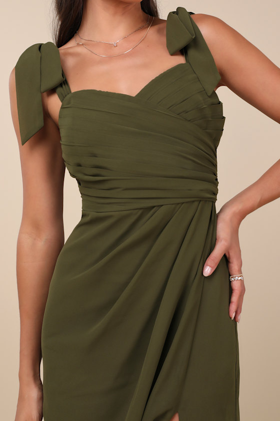 Lulus Gorgeous Whimsy Olive Pleated Off-the-shoulder Maxi Dress In Green