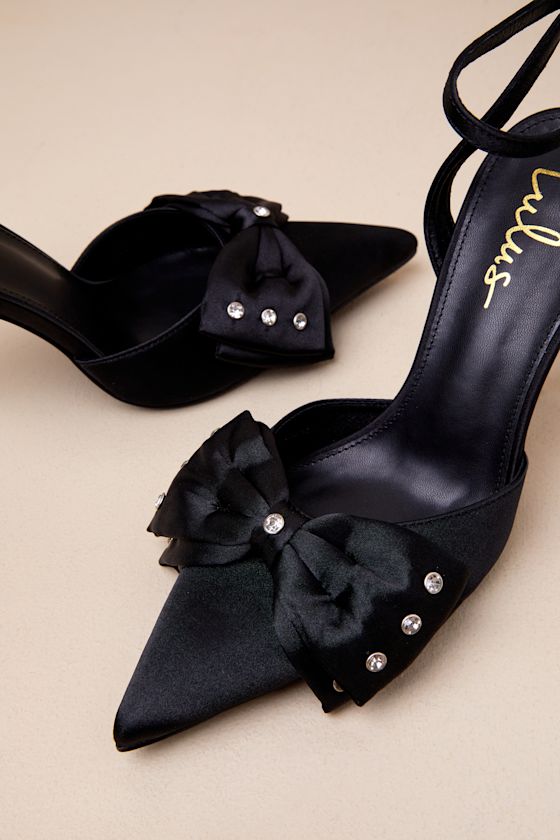 Lulus Ellandra Black Satin Bow Ankle Strap Pumps In Black