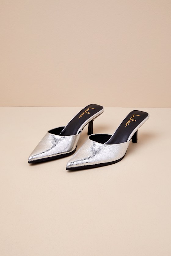 Lulus Gerralynn Silver Distressed Pointed-toe Low Heel Mule Pumps In Silver