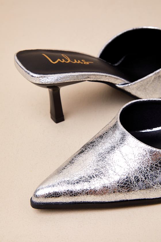 Lulus Gerralynn Silver Distressed Pointed-toe Low Heel Mule Pumps In Silver