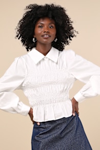 Poised Esteem White Cotton Smocked Collared Long Sleeve Top