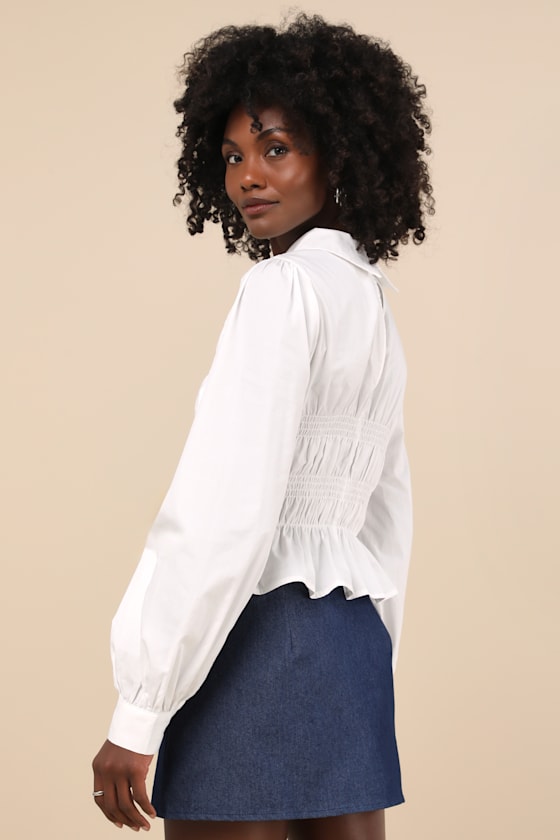 Lulus Poised Esteem White Cotton Smocked Collared Long Sleeve Top In White