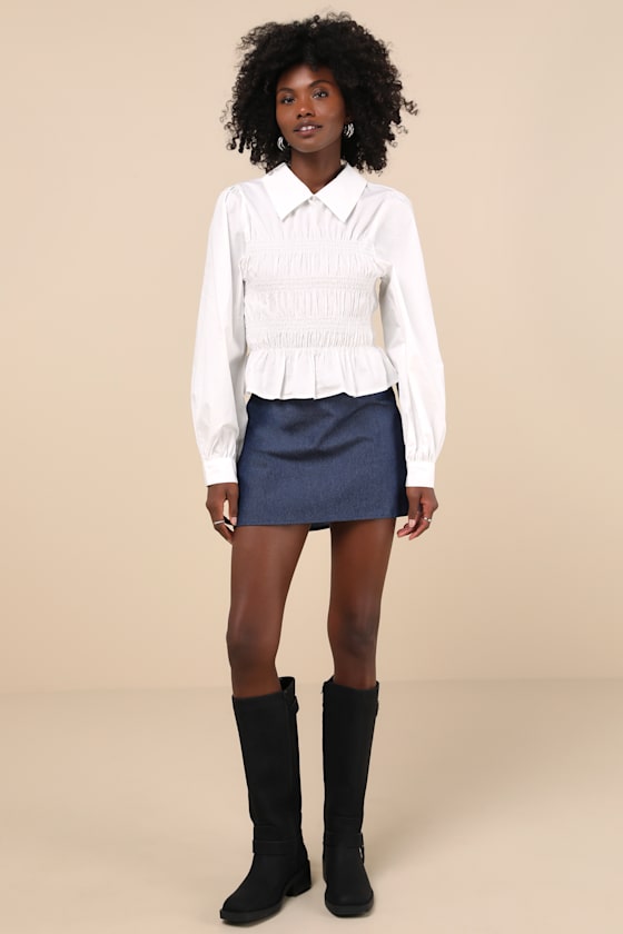 Lulus Poised Esteem White Cotton Smocked Collared Long Sleeve Top In White