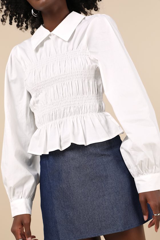 Lulus Poised Esteem White Cotton Smocked Collared Long Sleeve Top In White