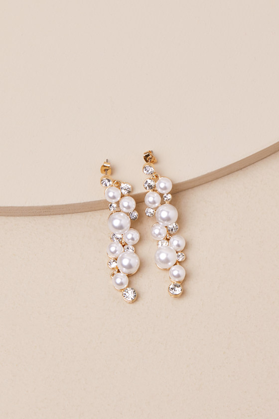 LULUS ELOQUENT STATUS GOLD PEARL AND RHINESTONE DROP EARRINGS